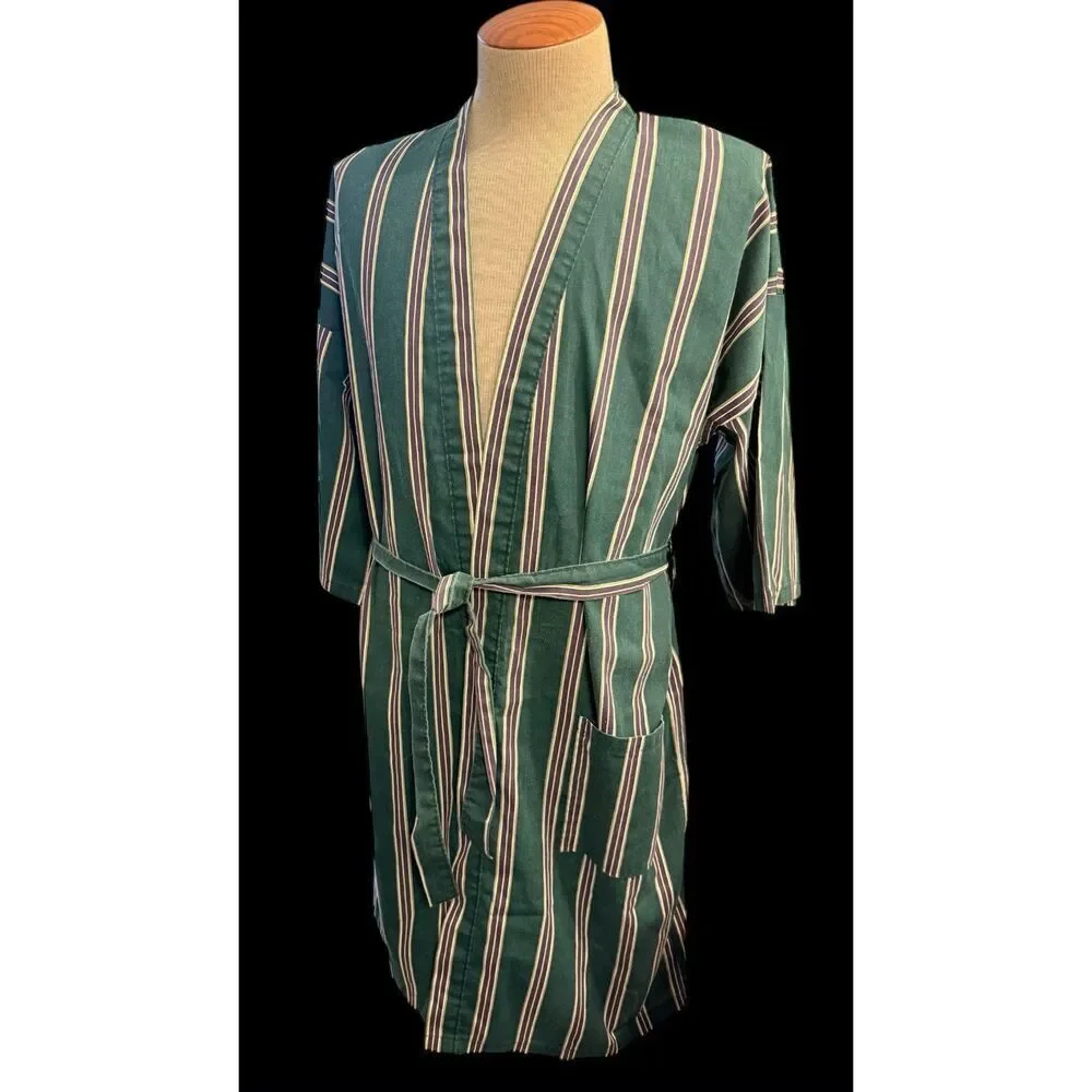 Puritan Men’s Robe Green Plum Stripe Belted Cotton Blend Kimono Loungewear
